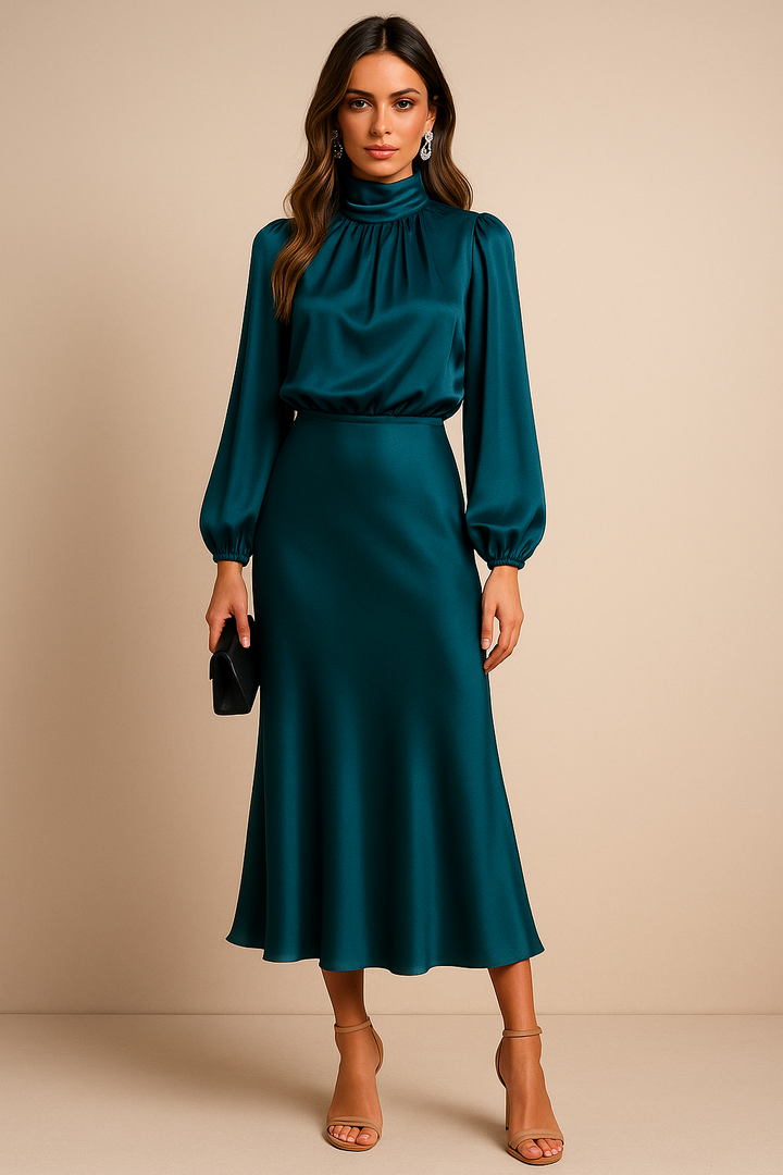 Women's Long Bishop Sleeves Mock Formal Dress | Midi