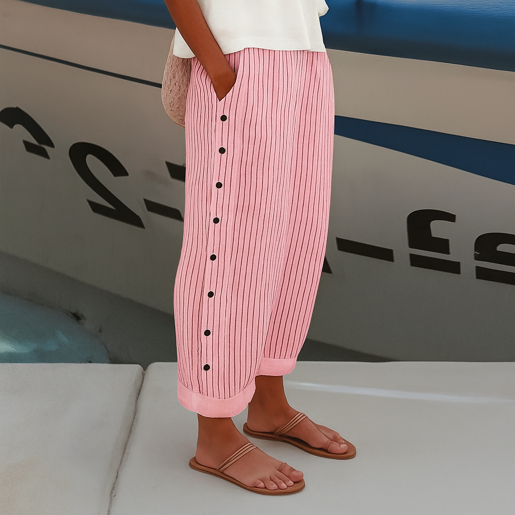 Women's Relaxed Fit Pants with Side Button Detail Pockets | Summer