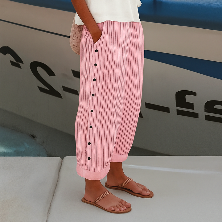 Women's Relaxed Fit Pants with Side Button Detail Pockets | Summer