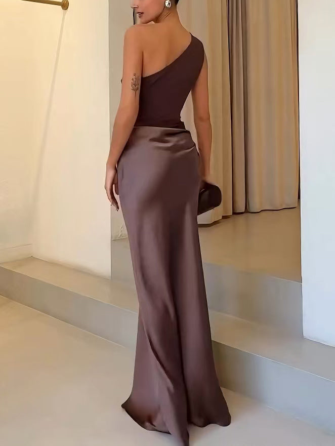 Women's Elegant One Shoulder Neck Pleated Party Dress | Maxi