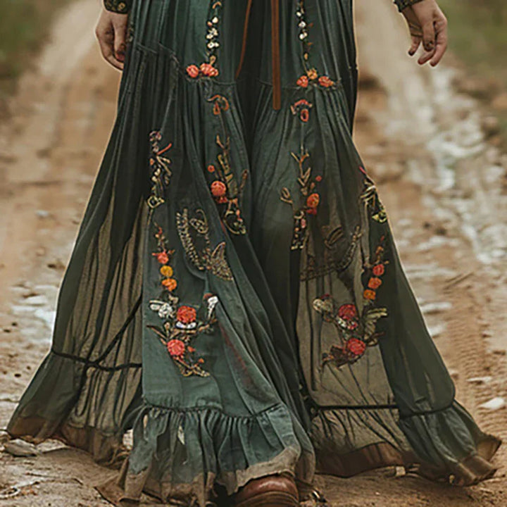 Women's Vintage Floral V Neck Dress with Belt | Maxi
