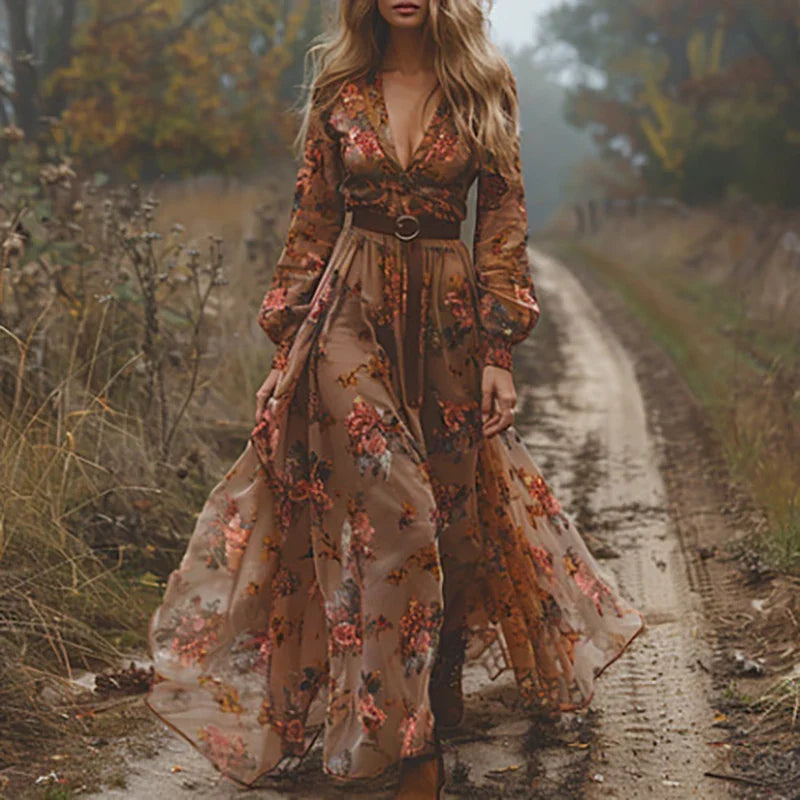 Women's Vintage Bohemian Floral Plunging V-Neck Dress | Maxi
