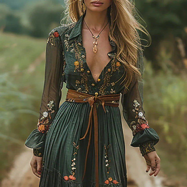 Women's Vintage Bohemian Floral Plunging V-Neck Dress | Maxi