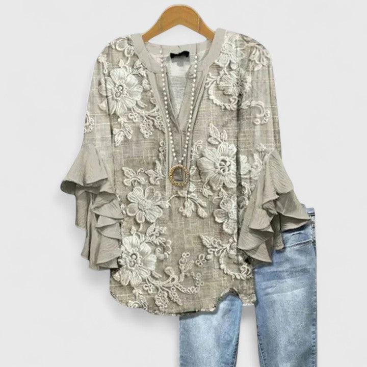 Women's Loose V-Neck Summer Blouse | Long-Sleeve