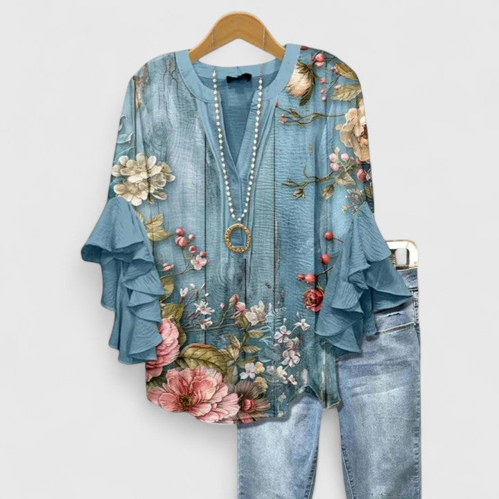 Women's Loose V-Neck Summer Blouse | Long-Sleeve