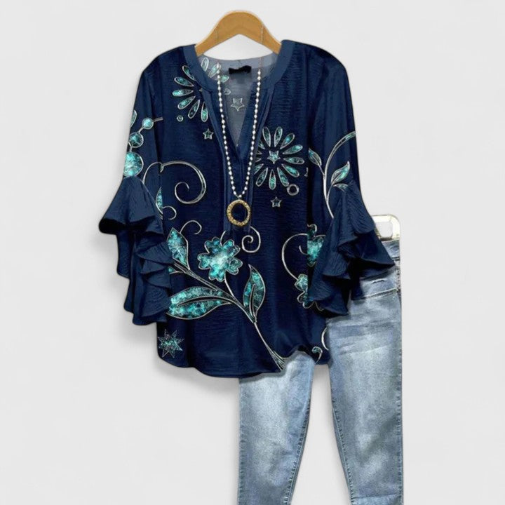 Women's Loose V-Neck Summer Blouse | Long-Sleeve