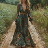 Women's Vintage Bohemian Floral Plunging V-Neck Dress | Maxi